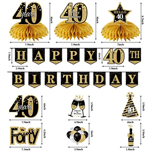 40th Birthday Banner Decorations for Men Women, 10Pcs Happy 40th Birthday Banner Honeycomb Centerpieces Swrils Kit, Forty Bday Banner Ceiling Table Topper Sign Party Supplies for Indoor Outdoor