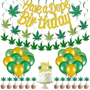 3 pieces pot leaves birthday banners weed leaves birthday decorations, 13 pieces pot leaf cake toppers, 12 pieces hanging swirls and 24 pieces balloons for baby shower birthday party decoration