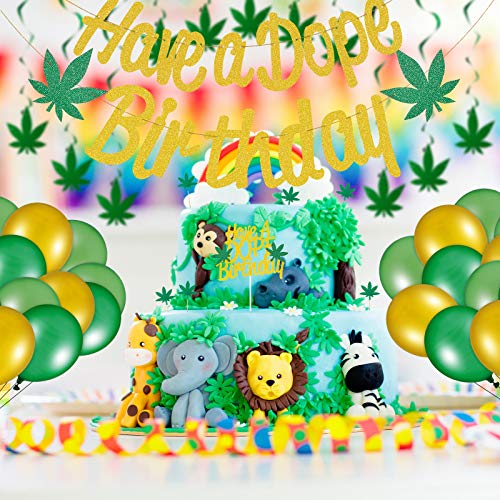 3 Pieces Pot Leaves Birthday Banners Weed Leaves Birthday Decorations, 13 Pieces Pot Leaf Cake Toppers, 12 Pieces Hanging Swirls and 24 Pieces Balloons for Baby Shower Birthday Party Decoration