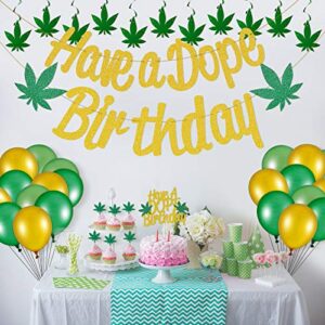 3 Pieces Pot Leaves Birthday Banners Weed Leaves Birthday Decorations, 13 Pieces Pot Leaf Cake Toppers, 12 Pieces Hanging Swirls and 24 Pieces Balloons for Baby Shower Birthday Party Decoration