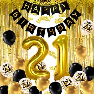 movinpe 21st black gold birthday party decoration, happy birthday banner, jumbo number 21 foil balloon, 2 fringe curtain, latex confetti balloon, table confetti for boy girl men women anniversary