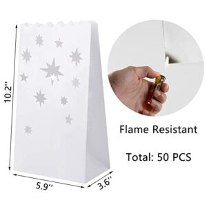 Stmarry White Paper Luminary Bags - 50-Pack Candle Lantern Bags, Fire-Retardant, Star Luminaries for Christmas, Weddings, Birthday Party Valentine's Day Decoration, 5.9 x 10 x 3.5 Inches