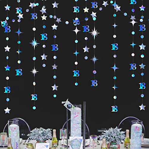 Iridescent 18th Birthday Decorations Number 18 Circle Dot Twinkle Star Garland Kit Metallic Hanging Streamer Bunting Banner Backdrop for Girls Happy 18 Year Old Eighteen Anniversary Party Supplies