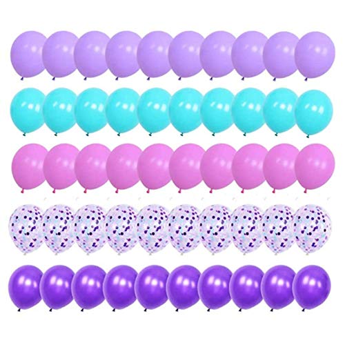 Mermaid Balloons 50 Pack, 12 Inch Light Purple Balloons Seafoam Blue Latex Balloons with Confetti Balloon for Unicorn Party Decorations Birthday Party Supplies with Ribbon