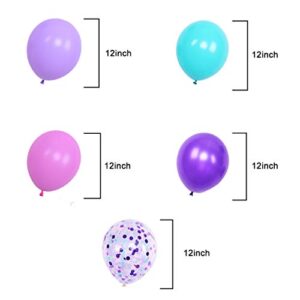 Mermaid Balloons 50 Pack, 12 Inch Light Purple Balloons Seafoam Blue Latex Balloons with Confetti Balloon for Unicorn Party Decorations Birthday Party Supplies with Ribbon