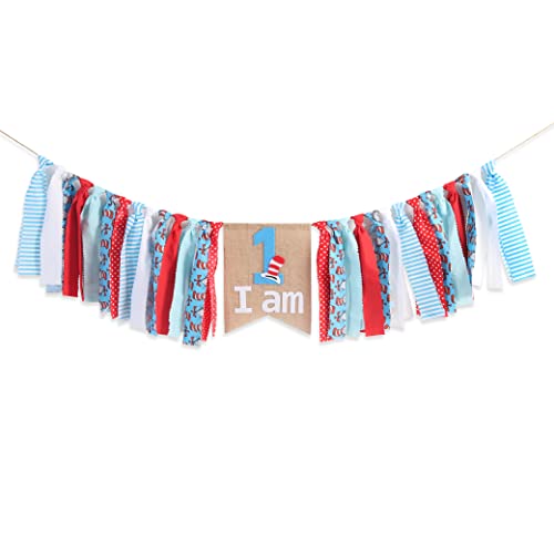 Dr. Seuss Inspired Birthday Banner - High Chair Banner Photo Props, 1st Birthday High Chair Banner, I Am 1, Turquoise Blue Red Dot Cat in Hat Dr Seuss Inspired Chevron Ribbon Lace Themed Party Decor High Feet Chair, Dr. Seuss Cat in Hat, Garland/banner Ph