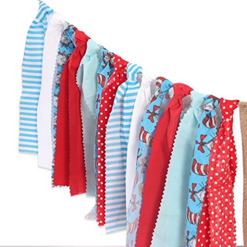 Dr. Seuss Inspired Birthday Banner - High Chair Banner Photo Props, 1st Birthday High Chair Banner, I Am 1, Turquoise Blue Red Dot Cat in Hat Dr Seuss Inspired Chevron Ribbon Lace Themed Party Decor High Feet Chair, Dr. Seuss Cat in Hat, Garland/banner Ph