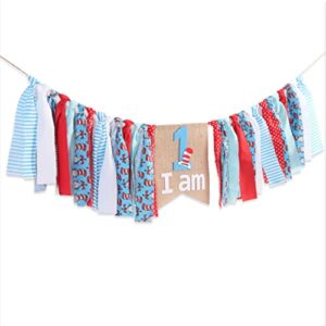 Dr. Seuss Inspired Birthday Banner - High Chair Banner Photo Props, 1st Birthday High Chair Banner, I Am 1, Turquoise Blue Red Dot Cat in Hat Dr Seuss Inspired Chevron Ribbon Lace Themed Party Decor High Feet Chair, Dr. Seuss Cat in Hat, Garland/banner Ph