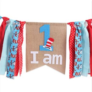 Dr. Seuss Inspired Birthday Banner - High Chair Banner Photo Props, 1st Birthday High Chair Banner, I Am 1, Turquoise Blue Red Dot Cat in Hat Dr Seuss Inspired Chevron Ribbon Lace Themed Party Decor High Feet Chair, Dr. Seuss Cat in Hat, Garland/banner Ph