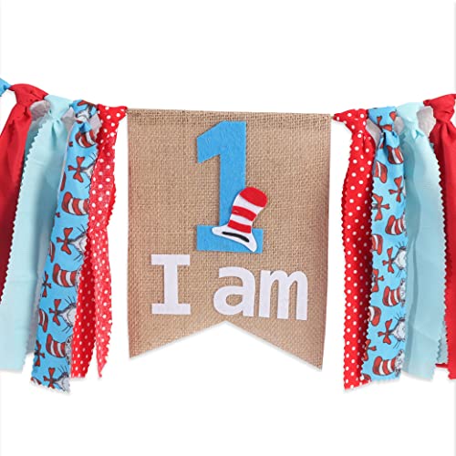 Dr. Seuss Inspired Birthday Banner - High Chair Banner Photo Props, 1st Birthday High Chair Banner, I Am 1, Turquoise Blue Red Dot Cat in Hat Dr Seuss Inspired Chevron Ribbon Lace Themed Party Decor High Feet Chair, Dr. Seuss Cat in Hat, Garland/banner Ph