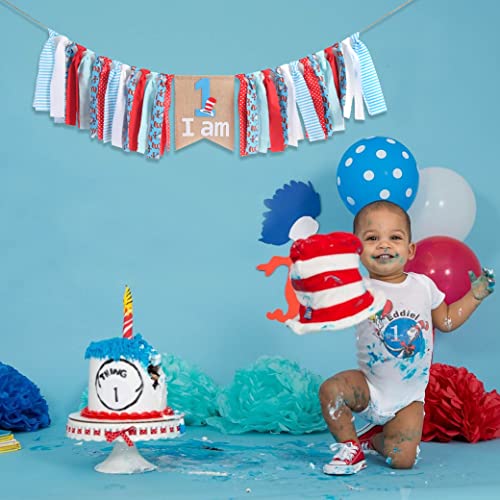 Dr. Seuss Inspired Birthday Banner - High Chair Banner Photo Props, 1st Birthday High Chair Banner, I Am 1, Turquoise Blue Red Dot Cat in Hat Dr Seuss Inspired Chevron Ribbon Lace Themed Party Decor High Feet Chair, Dr. Seuss Cat in Hat, Garland/banner Ph