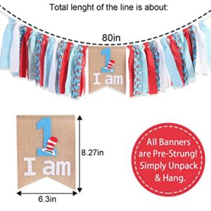 Dr. Seuss Inspired Birthday Banner - High Chair Banner Photo Props, 1st Birthday High Chair Banner, I Am 1, Turquoise Blue Red Dot Cat in Hat Dr Seuss Inspired Chevron Ribbon Lace Themed Party Decor High Feet Chair, Dr. Seuss Cat in Hat, Garland/banner Ph