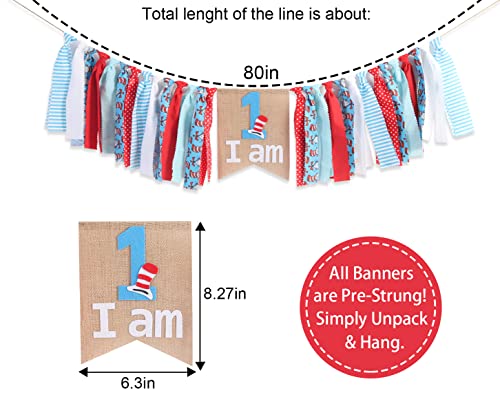 Dr. Seuss Inspired Birthday Banner - High Chair Banner Photo Props, 1st Birthday High Chair Banner, I Am 1, Turquoise Blue Red Dot Cat in Hat Dr Seuss Inspired Chevron Ribbon Lace Themed Party Decor High Feet Chair, Dr. Seuss Cat in Hat, Garland/banner Ph