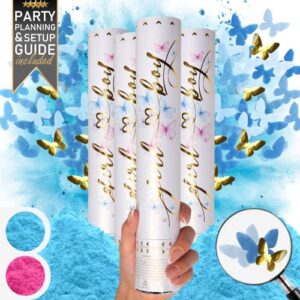 gender reveal confetti cannon – 4 pack butterfly confetti poppers | gender reveal ideas | gender reveal powder cannon blue, color reveal | gender reveal powder sticks, blue confetti | gender reveal party supplies | gender reveal poppers | poppers confetti