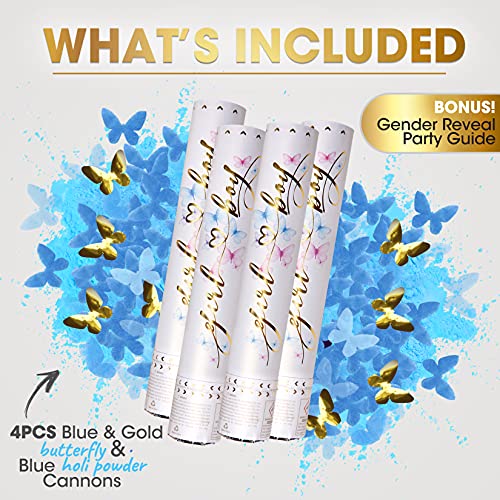 Gender Reveal Confetti Cannon - 4 Pack Butterfly Confetti Poppers | Gender Reveal Ideas | Gender Reveal Powder Cannon Blue, Color Reveal | Gender Reveal Powder Sticks, Blue Confetti | Gender Reveal Party Supplies | Gender Reveal Poppers | Poppers Confetti