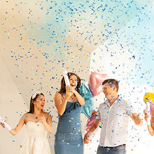 Gender Reveal Confetti Cannon - 4 Pack Butterfly Confetti Poppers | Gender Reveal Ideas | Gender Reveal Powder Cannon Blue, Color Reveal | Gender Reveal Powder Sticks, Blue Confetti | Gender Reveal Party Supplies | Gender Reveal Poppers | Poppers Confetti