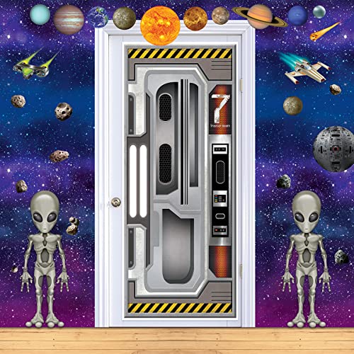 Beistle 2 Piece Printed Plastic Indoor Outdoor Spaceship Door Covers Decorations for Outer Space Galaxy Alien Theme Birthday Parties, Multicolored