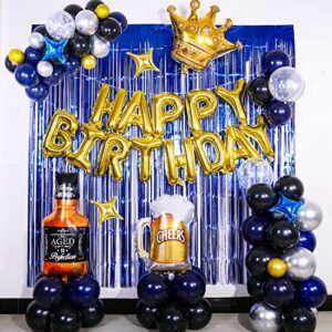 Blue and Gold Birthday Decorations, Birthday Decorations for Men, Happy Birthday Banner for Men Women Boys with Foil Fringe Curtains Crown Confetti Navy Blue Balloons for 25th 30th 40th 50th 60th