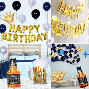 Blue and Gold Birthday Decorations, Birthday Decorations for Men, Happy Birthday Banner for Men Women Boys with Foil Fringe Curtains Crown Confetti Navy Blue Balloons for 25th 30th 40th 50th 60th