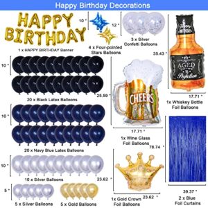 Blue and Gold Birthday Decorations, Birthday Decorations for Men, Happy Birthday Banner for Men Women Boys with Foil Fringe Curtains Crown Confetti Navy Blue Balloons for 25th 30th 40th 50th 60th