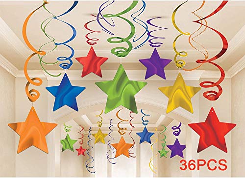 AimtoHome Rainbow Party Star Swirl Decorations, Rainbow Foil Ceiling Hanging Swirl Decorations with Star, Whirls Decorations for Party, Pack of 36