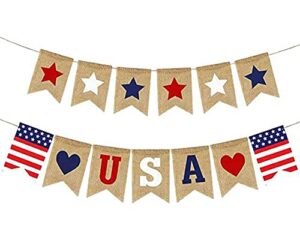 shimmer anna shine usa american flag patriotic burlap banner for 4th of july decorations red white and blue memorial day decor (usa stars and stripes)