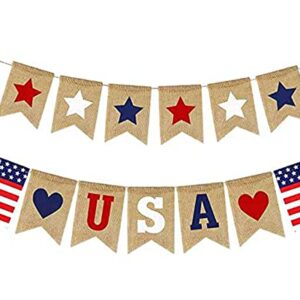 Shimmer Anna Shine USA American Flag Patriotic Burlap Banner for 4th of July Decorations Red White and Blue Memorial Day Decor (USA Stars and Stripes)