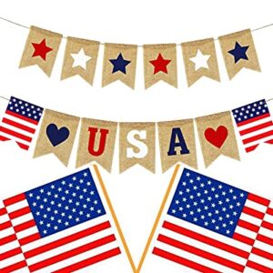 Shimmer Anna Shine USA American Flag Patriotic Burlap Banner for 4th of July Decorations Red White and Blue Memorial Day Decor (USA Stars and Stripes)