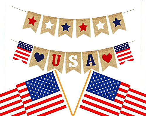 Shimmer Anna Shine USA American Flag Patriotic Burlap Banner for 4th of July Decorations Red White and Blue Memorial Day Decor (USA Stars and Stripes)