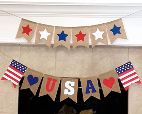 Shimmer Anna Shine USA American Flag Patriotic Burlap Banner for 4th of July Decorations Red White and Blue Memorial Day Decor (USA Stars and Stripes)