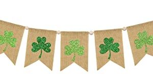 Whaline St. Patrick's Day Banner with Wooden Beads Glitter Green Shamrock Garland Burlap Banner Pre-Assembled Wooden Beads Clover Banner Fireplace Wall Hanging for Party Home Decoration