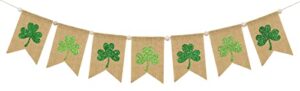 whaline st. patrick’s day banner with wooden beads glitter green shamrock garland burlap banner pre-assembled wooden beads clover banner fireplace wall hanging for party home decoration