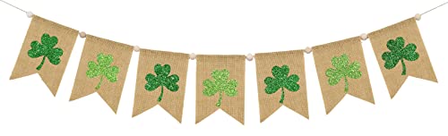 Whaline St. Patrick's Day Banner with Wooden Beads Glitter Green Shamrock Garland Burlap Banner Pre-Assembled Wooden Beads Clover Banner Fireplace Wall Hanging for Party Home Decoration