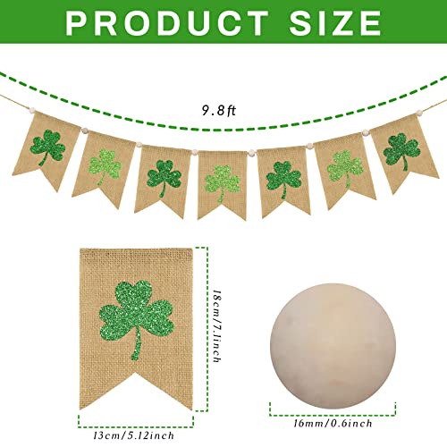 Whaline St. Patrick's Day Banner with Wooden Beads Glitter Green Shamrock Garland Burlap Banner Pre-Assembled Wooden Beads Clover Banner Fireplace Wall Hanging for Party Home Decoration