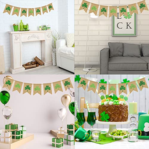 Whaline St. Patrick's Day Banner with Wooden Beads Glitter Green Shamrock Garland Burlap Banner Pre-Assembled Wooden Beads Clover Banner Fireplace Wall Hanging for Party Home Decoration