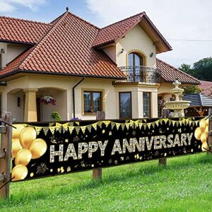 wedding anniversary banner decorations, large happy anniversary yard sign party supplies decor, black gold outdoor 16th/21st/30th/40th anniversary decorations photo booth props(9.8 x 1.6ft)