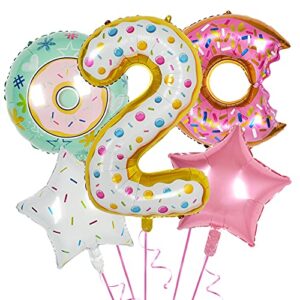 donut balloon party decorations with white large doughnut number 2 balloon round donut and star mylar foil balloons with ribbon for 2nd baby birthday party supplies … …