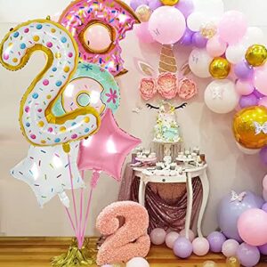 Donut Balloon Party Decorations With White Large Doughnut Number 2 Balloon Round Donut and Star Mylar Foil Balloons with Ribbon for 2nd Baby Birthday Party Supplies … …