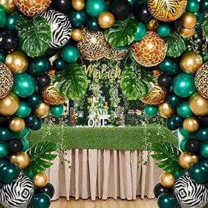 sherpaa Jungle Safari Green Balloon Garland Kits,Tropical Decorations Backdrop,Tropical Leaves,Ivy Vines,Animal Print Foil Balloons,Wild One Birthday Party Supplies for Baby Shower