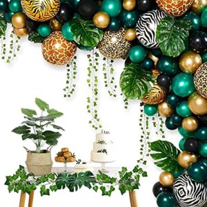 sherpaa Jungle Safari Green Balloon Garland Kits,Tropical Decorations Backdrop,Tropical Leaves,Ivy Vines,Animal Print Foil Balloons,Wild One Birthday Party Supplies for Baby Shower