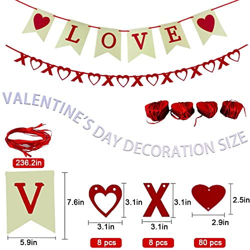 LOVE Heart XO Garlands Banner for Valentine's Day DIY Felt Decorations & 80 PCS Red Hanging String Hearts Birthday Party Flag Wedding/Home/Anniversary Supplies