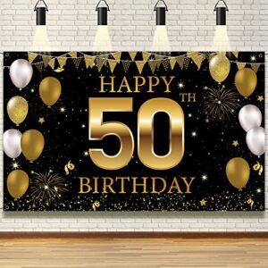 50th birthday decorations backdrop banner, black gold happy 50th birthday decorations for men women, 50 years old birthday party photo booth props, 50 birthday sign for outdoor indoor, fabric vicycaty