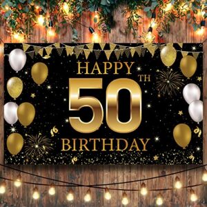 50th Birthday Decorations Backdrop Banner, Black Gold Happy 50th Birthday Decorations for Men Women, 50 Years Old Birthday Party Photo Booth Props, 50 Birthday Sign for Outdoor Indoor, Fabric Vicycaty