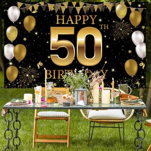 50th Birthday Decorations Backdrop Banner, Black Gold Happy 50th Birthday Decorations for Men Women, 50 Years Old Birthday Party Photo Booth Props, 50 Birthday Sign for Outdoor Indoor, Fabric Vicycaty