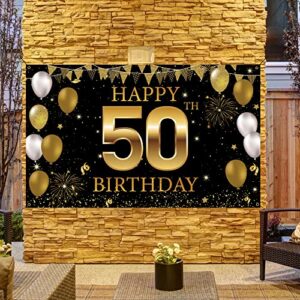 50th Birthday Decorations Backdrop Banner, Black Gold Happy 50th Birthday Decorations for Men Women, 50 Years Old Birthday Party Photo Booth Props, 50 Birthday Sign for Outdoor Indoor, Fabric Vicycaty