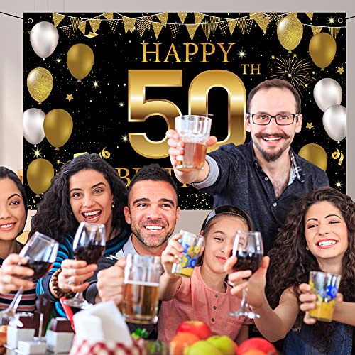 50th Birthday Decorations Backdrop Banner, Black Gold Happy 50th Birthday Decorations for Men Women, 50 Years Old Birthday Party Photo Booth Props, 50 Birthday Sign for Outdoor Indoor, Fabric Vicycaty