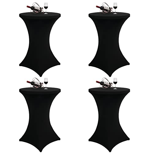 Zdada Black Spandex Cocktail Table Covers - 32"X43" Cocktail Table Tablecloth 4 Pack Cocktail Table Spandex Covers for Wedding and Party（Includes 4 Pack Red Satin Belts）