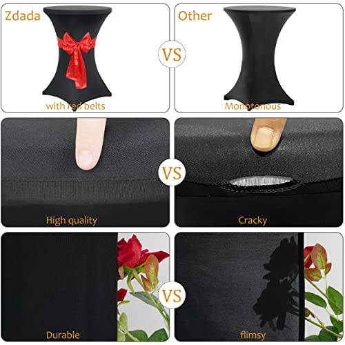 Zdada Black Spandex Cocktail Table Covers - 32"X43" Cocktail Table Tablecloth 4 Pack Cocktail Table Spandex Covers for Wedding and Party（Includes 4 Pack Red Satin Belts）