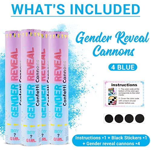 Gender Reveal Party Supplies Confetti Cannons 4-piece Pack (4 Blue) 12 inch