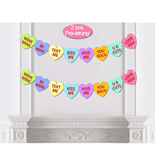 Candy Conversation Heart Valentines Day Banner Decoration,Glitter Pre-strung Garland 2pcs